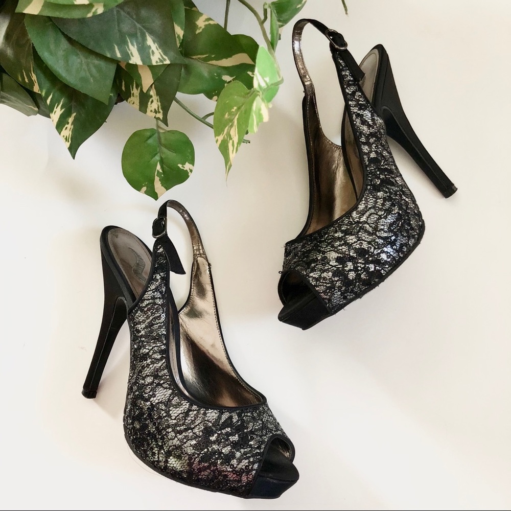 Nina Black Sparkly Peep-Toe Heels